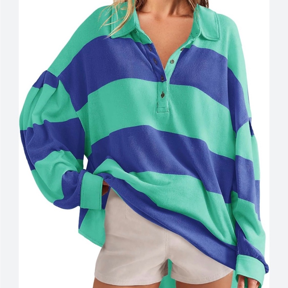 Amazon Women's Long Sleeve Striped Top - Blue and Green